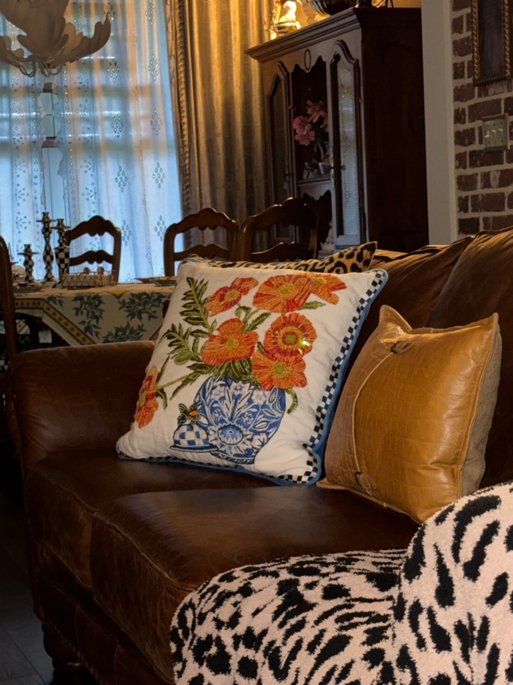 MacKenzie-Childs Blue check, Orange Floral Embroidered beaded Pillow Pair - Picture 10 of 10